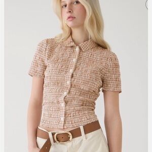 J.Crew Smocked Button Up Brown Gingham Cotton Top Medium
